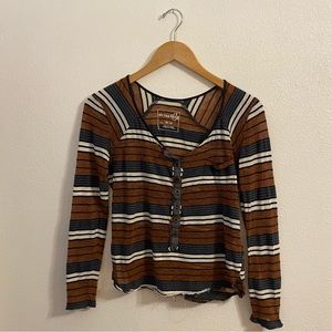 Free People Distressed Metallic Gold & Grey Strip Baseball Tee XS